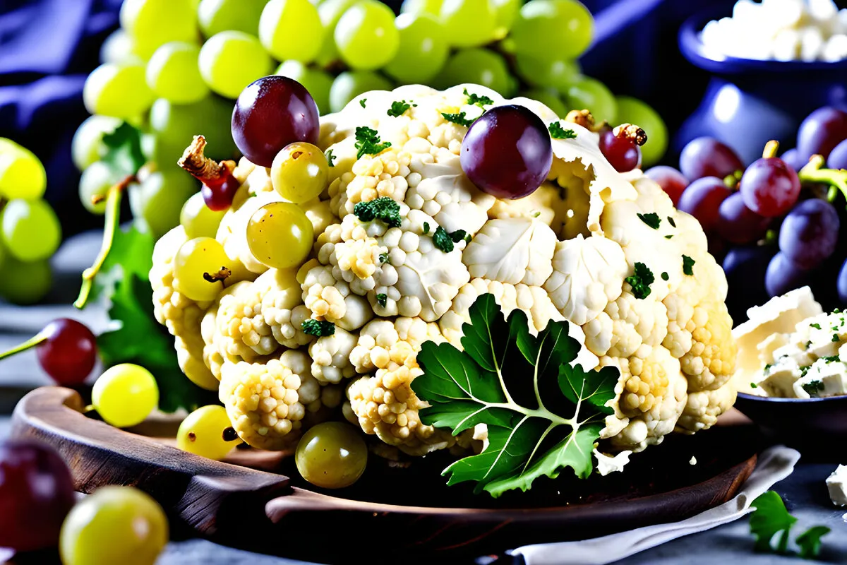 Bakad hel blomkål med druvor och feta är en utsökt och näringsrik maträtt