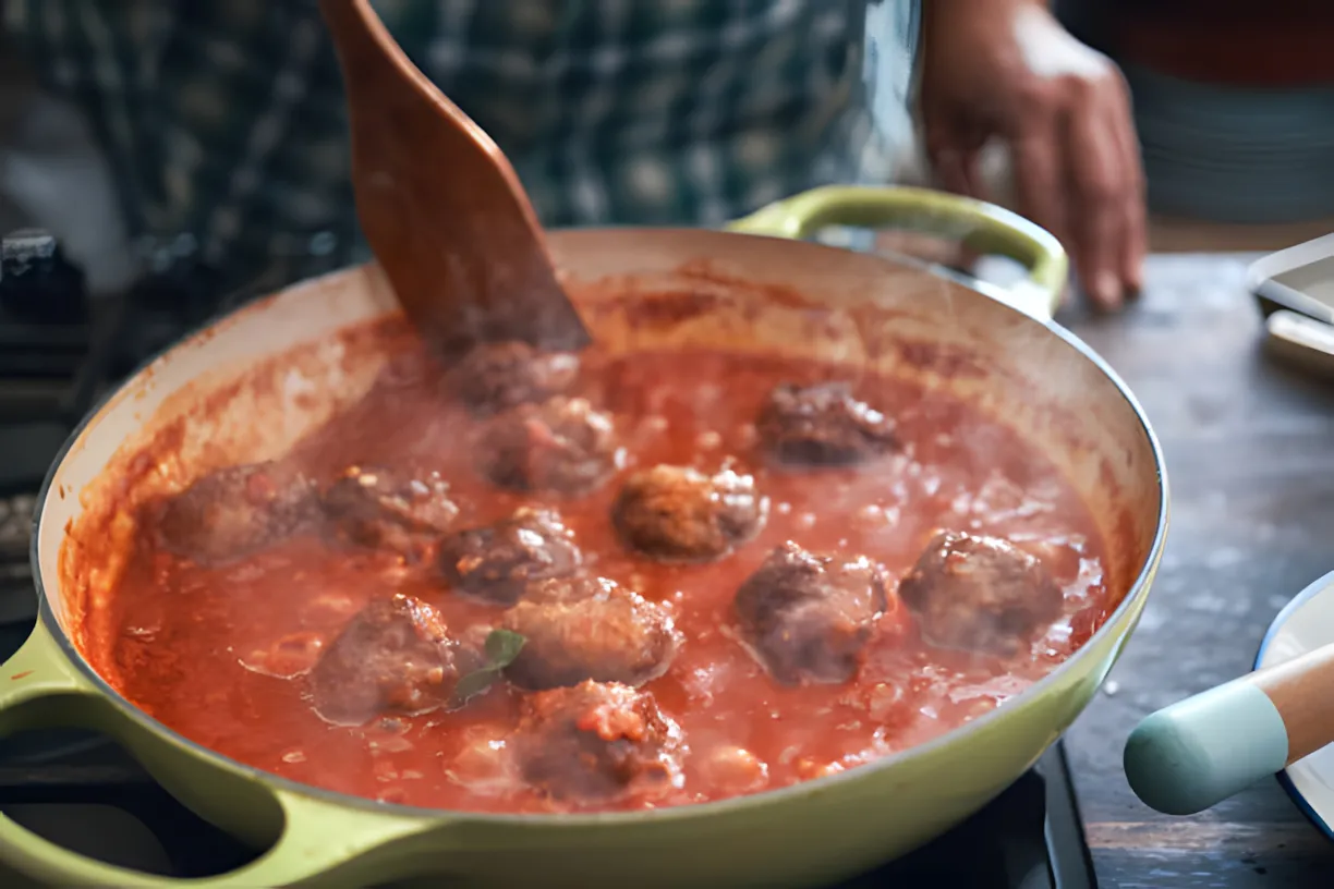 Matlagning av köttbullar i en sås på en grönsaksbädd Middag utan mycket krångel